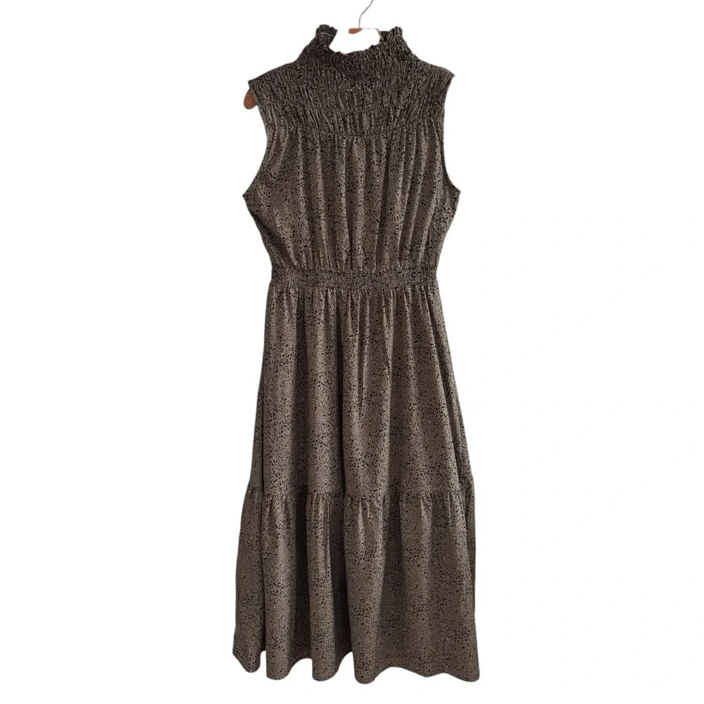 THML Printed Sleeveless Midi Dress S High Smocked Neck Olive
